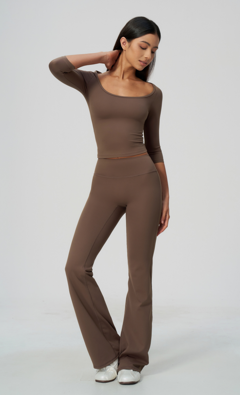 Dolce Scoop Neck 3/4 Sleeve Flare Leggings Workout Set