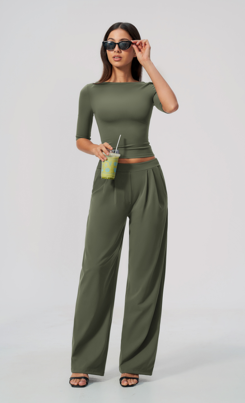 Taylor Boat Neck Pleated Wide Leg Pants Set