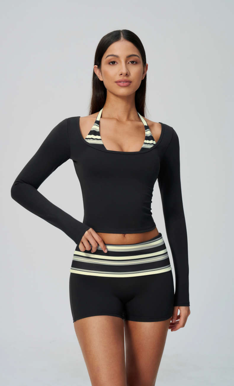 Harper Riviera Stripe Long Sleeve Workout Shorts Set