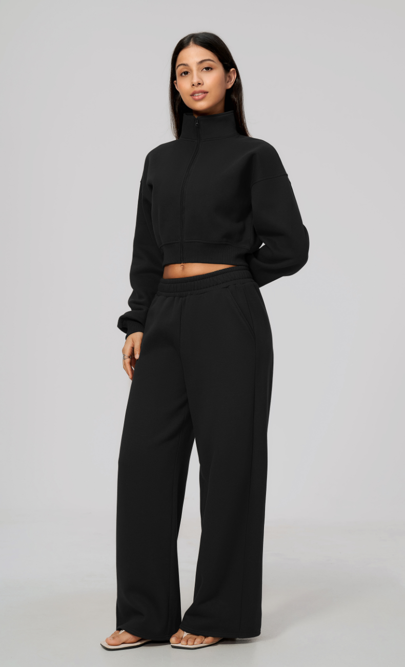 Hailey Cotton Blend Cropped Jacket & Wide Leg Sweatpants Set
