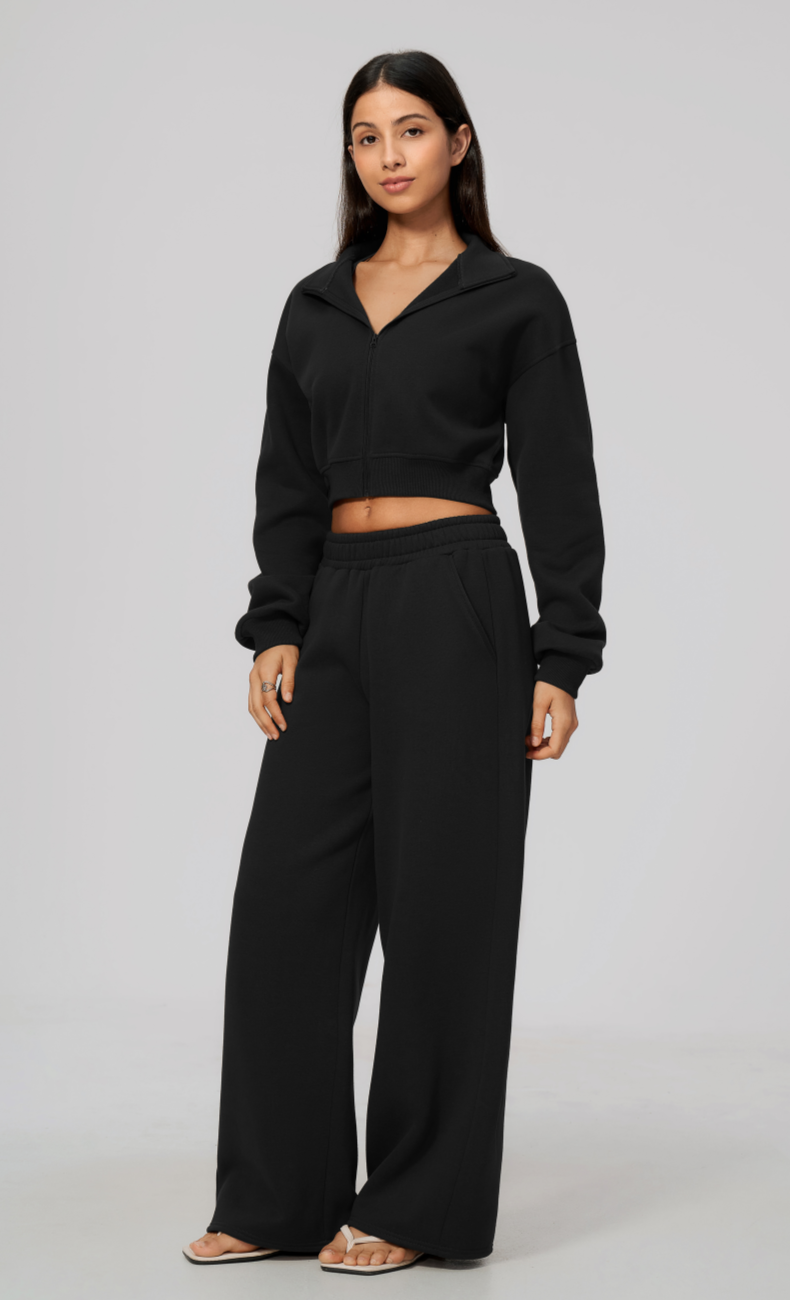 Hailey Cotton Blend Cropped Jacket & Wide Leg Sweatpants Set