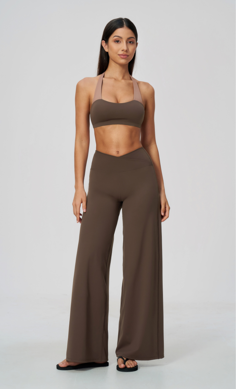 Priscilla Contrast Halter Sports Bra Wide Leg Workout Set
