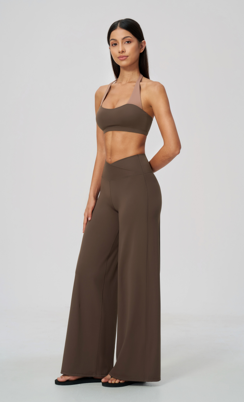 Priscilla Contrast Halter Sports Bra Wide Leg Workout Set