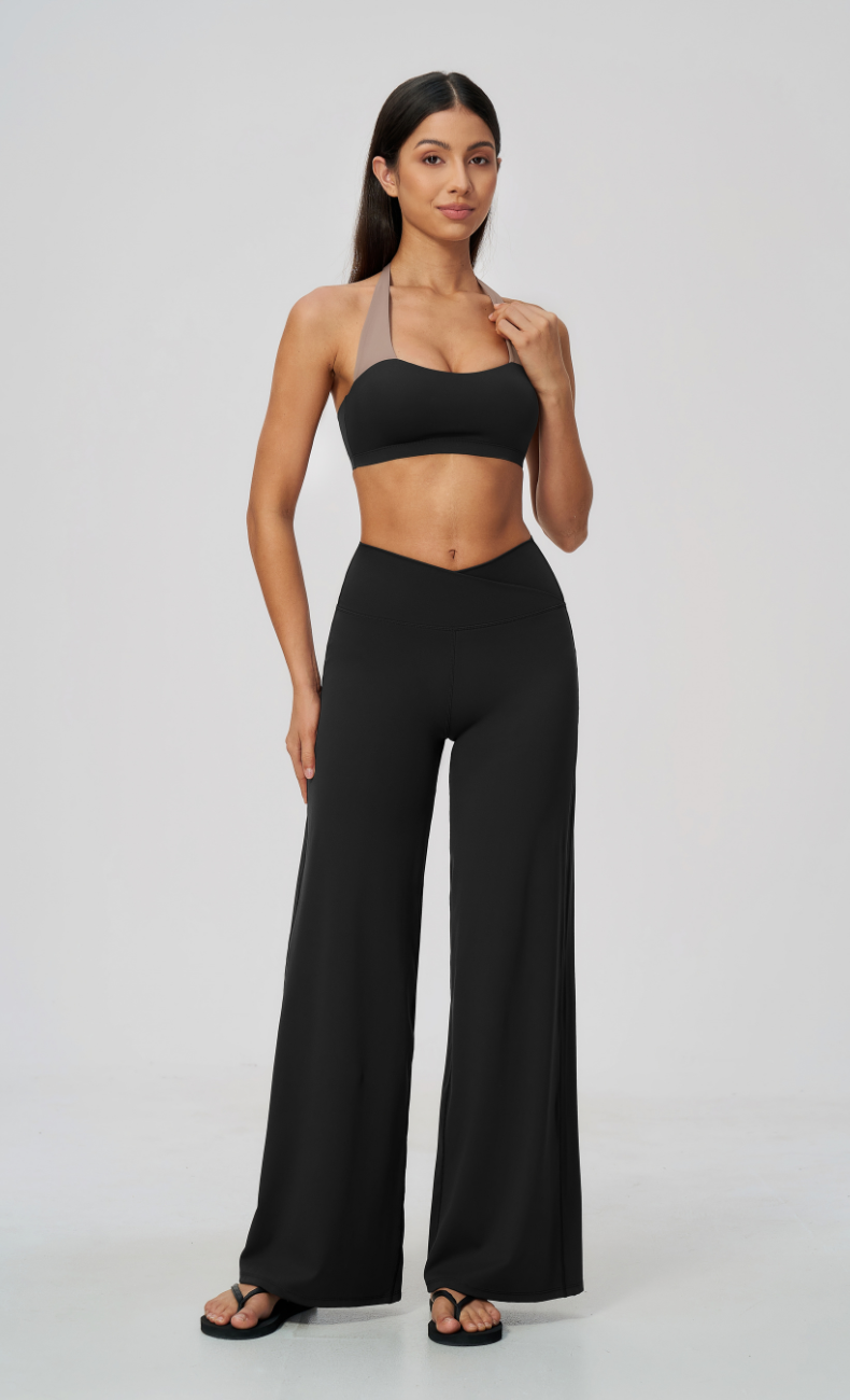 Priscilla Contrast Halter Sports Bra Wide Leg Workout Set
