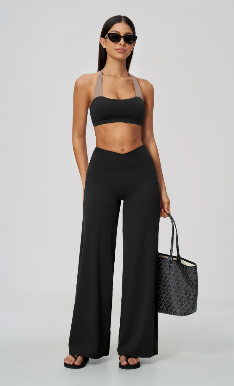 Priscilla Contrast Halter Sports Bra Wide Leg Workout Set
