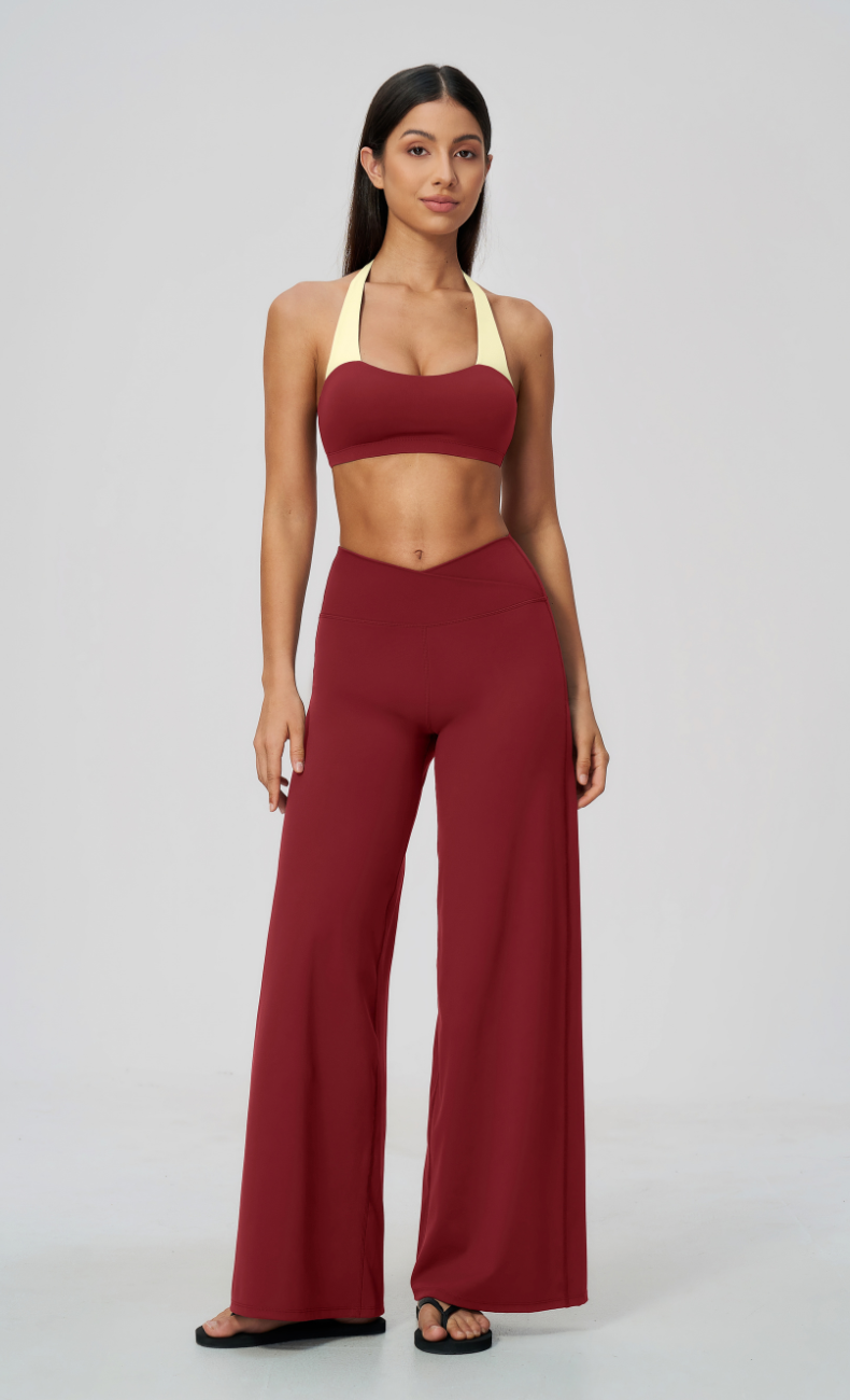 Priscilla Contrast Halter Sports Bra Wide Leg Workout Set