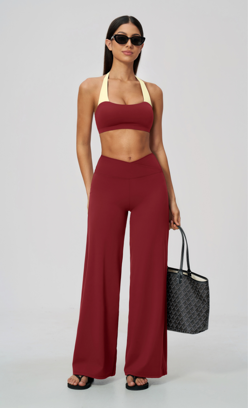 Priscilla Contrast Halter Sports Bra Wide Leg Workout Set
