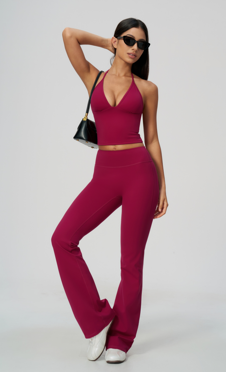 Dolce V-Neck Halter Open Back Tank Flare Leggings Workout Set