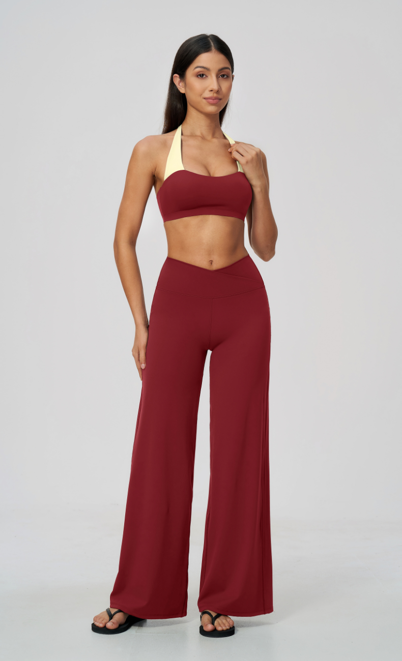 Priscilla Contrast Halter Sports Bra Wide Leg Workout Set