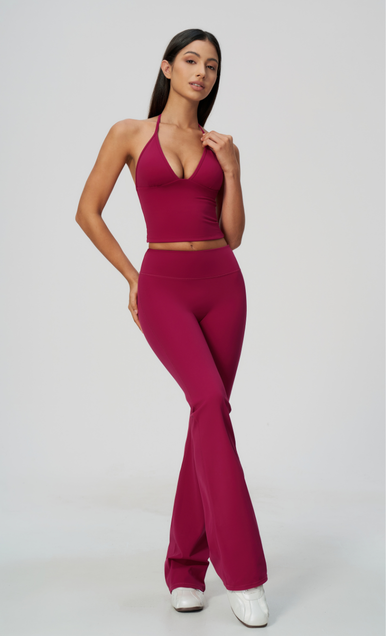 Dolce V-Neck Halter Open Back Tank Flare Leggings Workout Set