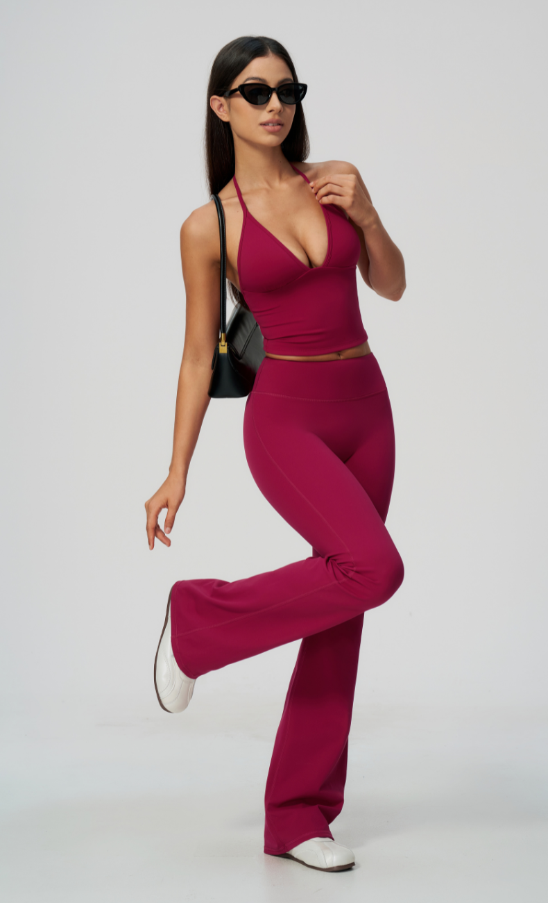 Dolce V-Neck Halter Open Back Tank Flare Leggings Workout Set