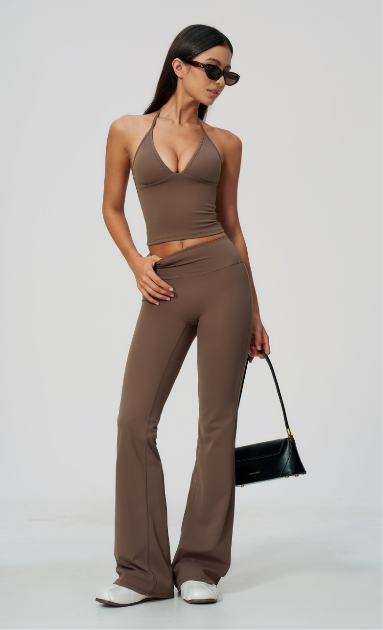 Dolce V-Neck Halter Open Back Tank Flare Leggings Workout Set