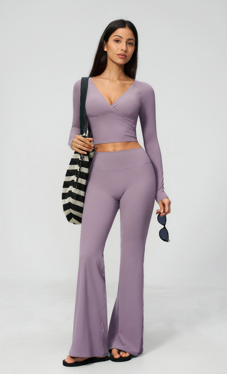 Leah V-Neck Long Sleeve Flare Leggings Workout Set