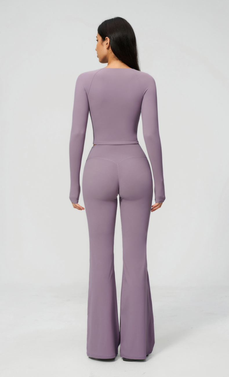 Leah V-Neck Long Sleeve Flare Leggings Workout Set