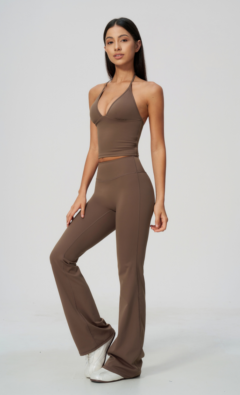 Dolce V-Neck Halter Open Back Tank Flare Leggings Workout Set