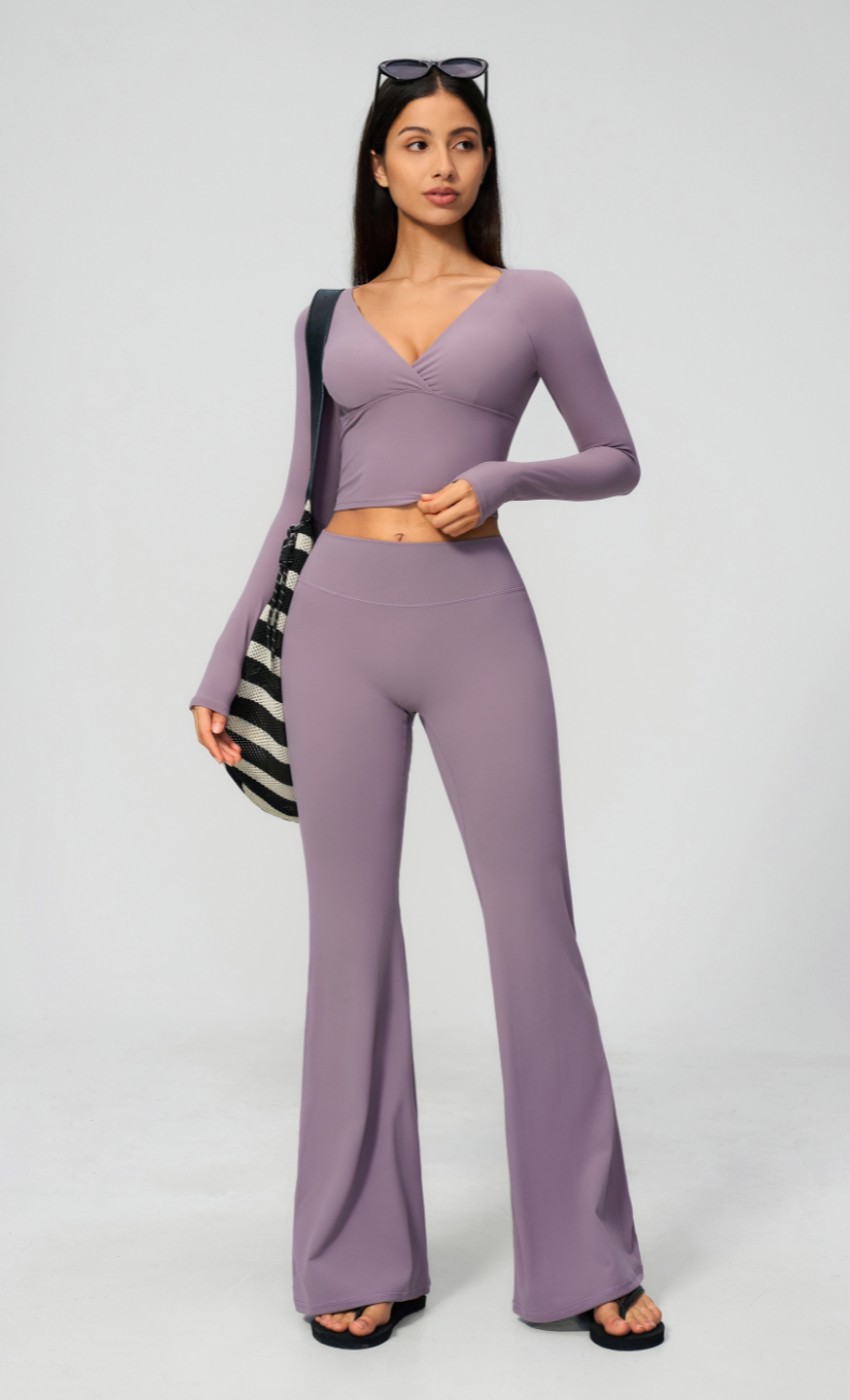 Leah V-Neck Long Sleeve Flare Leggings Workout Set