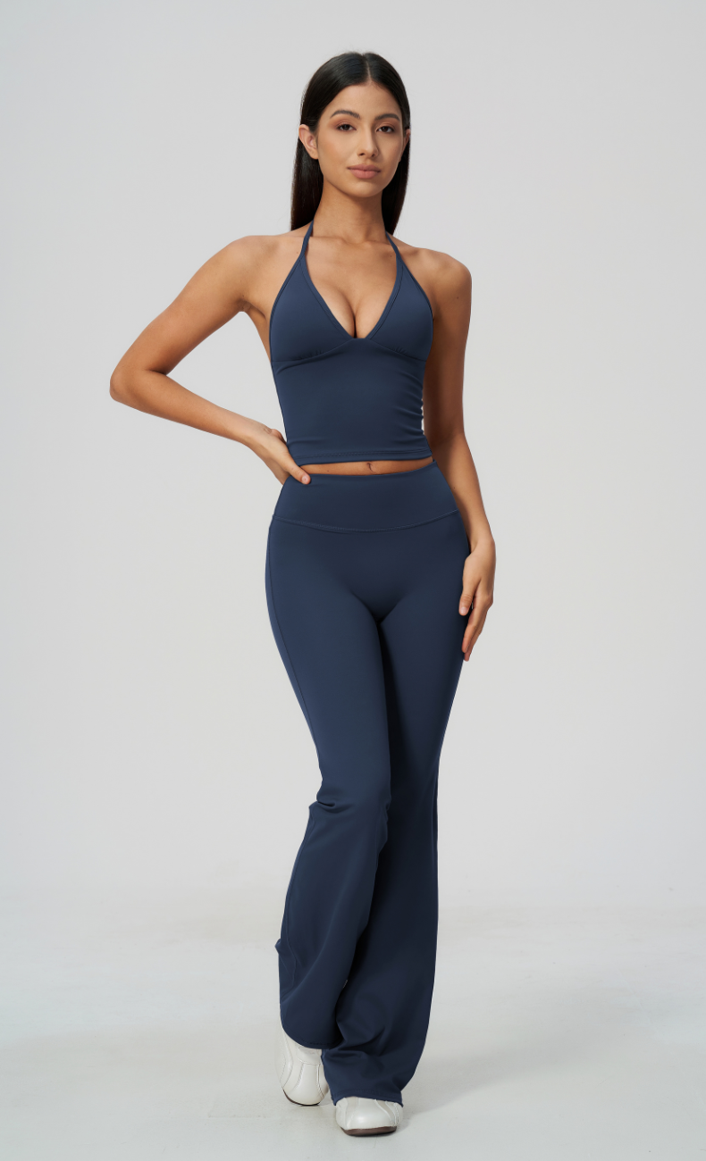 Dolce V-Neck Halter Open Back Tank Flare Leggings Workout Set