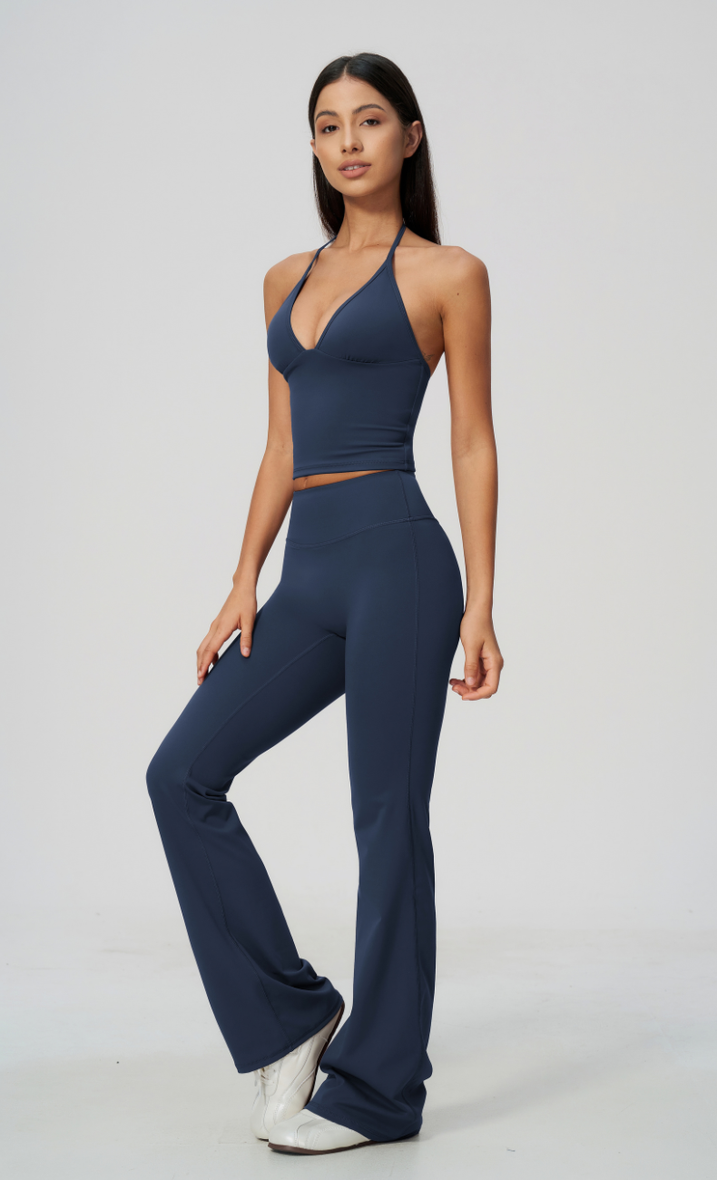 Dolce V-Neck Halter Open Back Tank Flare Leggings Workout Set