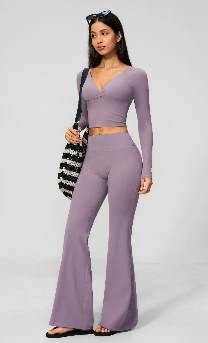 Leah V-Neck Long Sleeve Flare Leggings Workout Set