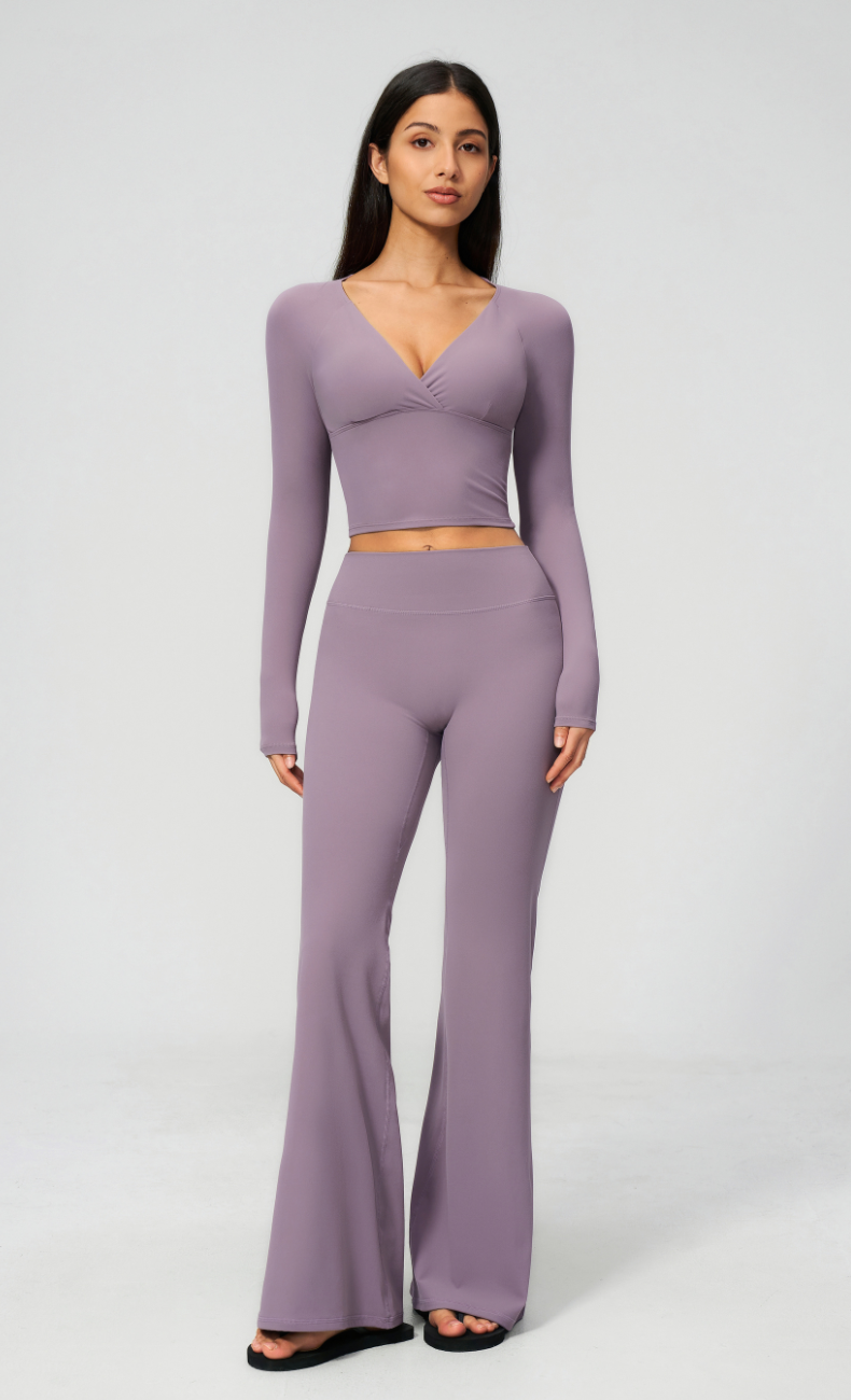 Leah V-Neck Long Sleeve Flare Leggings Workout Set