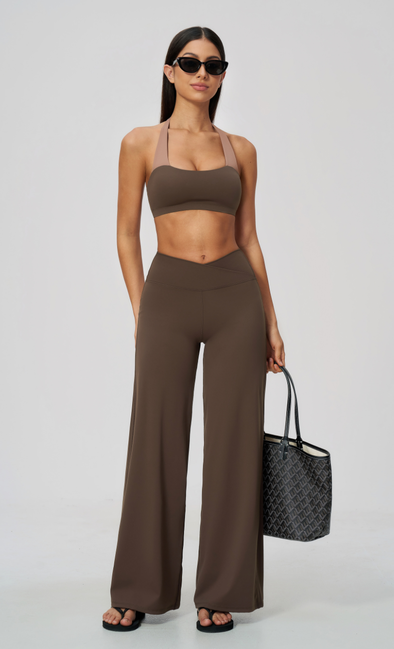 Priscilla Contrast Halter Sports Bra Wide Leg Workout Set